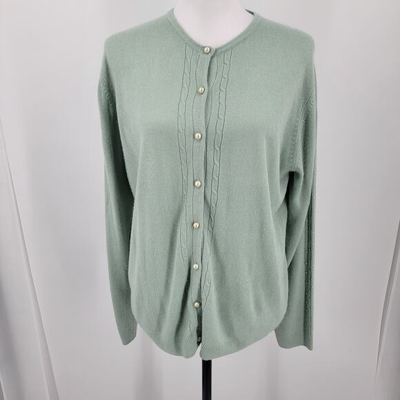Alain Jerard Cardigan Womens Large Green Pearl Button Up Beaded Vintage - Picture 1 of 14